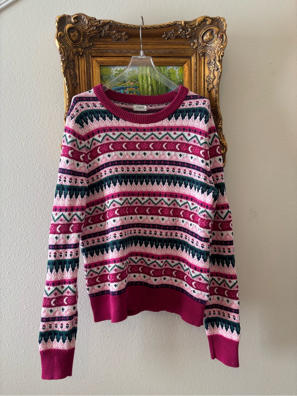 J. Crew Pink Fair Isle Crewneck Sweater with Green Accents